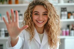 Smiling pharmacist showing open hand in pharmacy photo