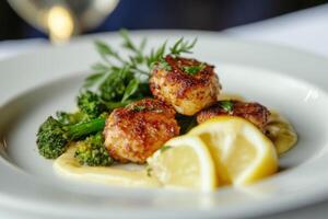 Seared scallops with broccoli and lemon wedges creating an elegant culinary scene photo
