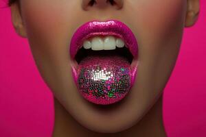 Woman showing glittery tongue and pink lipstick on pink background photo