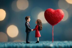 Miniature couple holding hands with big red heart and bokeh lights, valentine's day romance photo