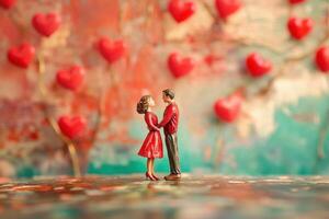 Miniature couple holding hands celebrating valentine's day under heart shaped tree photo