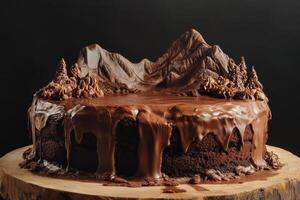 Delicious chocolate fudge cake decorated with mountain scene and chocolate trees photo