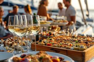 Glasses of white wine and gourmet food catering on a yacht deck at sunset party photo