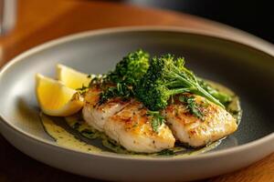 Grilled fish fillet with broccoli and lemon, elegant food photography photo
