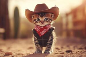 Kitten cowboy posing in the desert at sunset photo