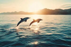 Dolphins jumping out of the water at sunset photo