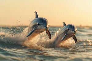 Two dolphins jumping out of the water at sunset photo