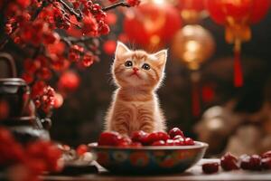 Cute ginger kitten standing upright and eating red berries during chinese new year celebration photo