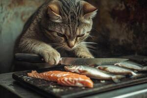 Cat cutting fish with knife on kitchen table photo