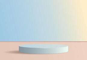 3D blue podium with shadow stands on beige surface with blue sky in the background. Modern concept, product demonstration, mockup. vector
