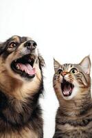 Surprised Dog and Cat Looking Up with Open Mouths on White Background, Perfect for Pet-Themed Designs and Marketing photo