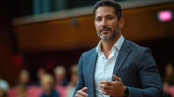 Confident Male Executive Leading a Presentation with Interactive Data Visuals photo