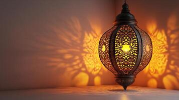 Elegant Golden Ramadan Lantern, Shining on a Grey Background photo