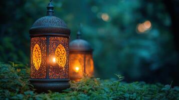 Lanterns with Copy Space for Festive Greetings, Islamic Celebrations, and Holy Month Ramadan Backgrounds photo