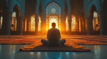 Muslim in Prayer During Ramadan - Spiritual Prostration in Mosque photo