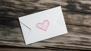 Red Heart on Envelope, Symbol of Love on Rustic Wooden Background photo
