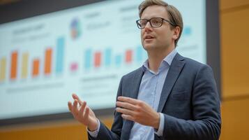 Confident Executive Leading a Presentation with Interactive Data Visuals photo