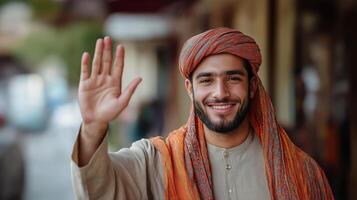 Friendly Young Muslim Man Waving and Smiling Happily. Positive and Welcoming Expression for Cultural, Religious, or Community Themes photo