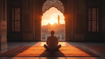 Muslim in Prayer During Ramadan , Spiritual Prostration in Mosque photo