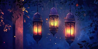 Ornate Arabic Lanterns with Glowing Candle on Dark Ramadan Background, Traditional Decoration for the Holy Month photo