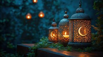 Elegant Lanterns with Copy Space, Perfect for Ramadan and Islamic Festive Greetings photo