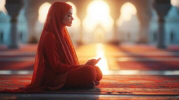Devout Islamic Woman Praying in Mosque During Ramada photo