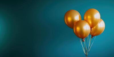 Golden Birthday Balloon on Blue Background, Festive Design with Copy Space photo