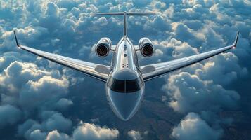 Luxury Private Jet Soaring Over Earth. Realistic 3D Rendering of Business Travel Concept with Blue Sky and Clouds Background photo