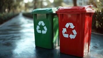 Eco-Friendly Red and Green Recycling Bins for Waste Sorting and Urban Garbage Disposal photo