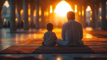 Muslim Father and Son Praying Together in Ramadan , Ramadan Concept photo