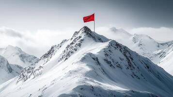 Victory Flag on Mountain Summit , Symbol of Achievement, Leadership, and Conquering Challenges photo