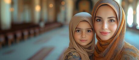 Muslim Mother and Daughter in Hijab Praying Together in Ramadan, Copy Space Area photo
