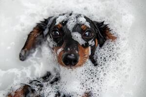 Dachshund dog taking a bath covered in soap foam photo