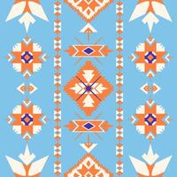 Tribal fabric, tile and carpet feature a geometric square and triangle shape Native American pattern on a blue color background vector