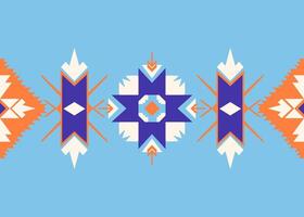 A geometric square and triangle shape Native American tribal pattern decorates fabric, tile and carpet on a blue color background vector