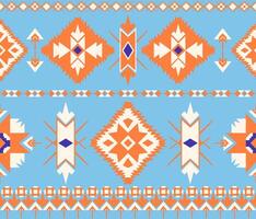 Blue color background highlights a geometric square and triangle shape ethnic pattern on Native American tribal fabric and tile vector