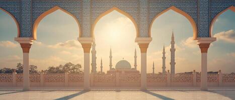 Beautiful mosque illuminated at sunset, symbolizing faith and devotion during Ramadan photo