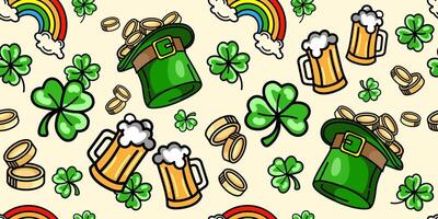 St. Patrick's Day seamless pattern with leprechaun hats, gold coins, shamrocks, rainbows,beer mugs, for wrapping ,textile prints, and festive decorations.Irish holiday background. illustration vector