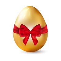 Shiny golden Easter egg with festive red bow in 3D style isolated on white background.Easter, financial concepts, luxury branding, and holiday decorations. illustration vector
