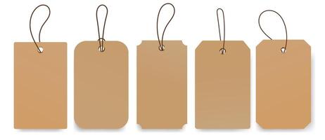 Blank kraft paper tags with strings in various shapes Set on a white background with shadow.Blank Label Tags with Strings for product labeling,gift wrapping, price tags, branding,craft projects. vector