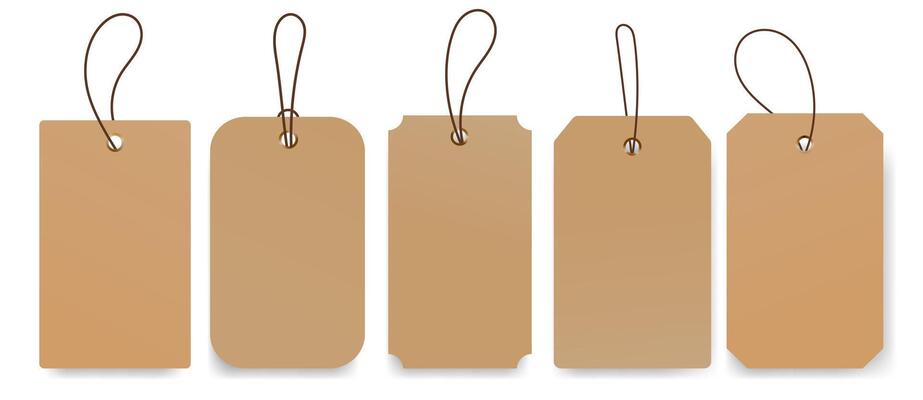 Blank kraft paper tags with strings in various shapes Set on a white background with shadow.Blank Label Tags with Strings for product labeling,gift wrapping, price tags, branding,craft projects.