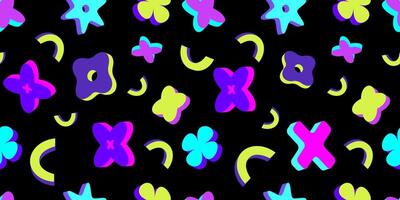 Colorful seamless pattern with abstract retro shapes, including flowers,crescents, geometric elements on a black background. Perfect for textiles, print,web, wallpapers,modern design projects. vector