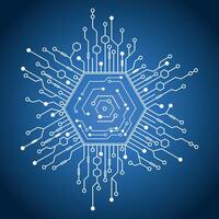 High-Tech Digital Circuit Board with a Blue Hexagonal Core and Complex Network Connections vector