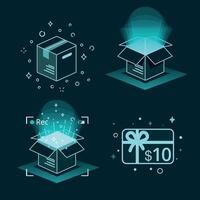 Futuristic Digital Icons of Open Boxes and Gift Cards Representing Online Shopping and Digital Unboxing Icons vector