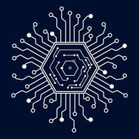 Futuristic Digital Circuit Core with a Dark Background and a Glowing Hexagonal Technology Pattern vector