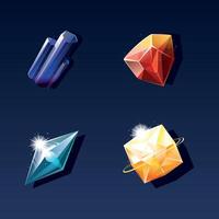 Set of Four Shiny Gemstones with Different Colors on Dark Background vector