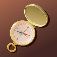 Golden Pocket Compass with Open Lid on Brown Background Representing Navigation and Exploration vector