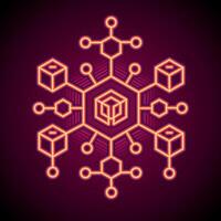 Glowing Red Neon Blockchain Network. Cyber Core Nexus. Red Glowing Digital System with Hexagonal Interlinks vector