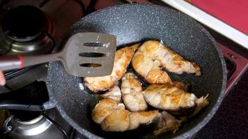 fry catfish fillets Housewife's hands are in the process of frying catfish which has been seasoned and put in a pan filled with hot oil, frying catfish becomes dry and crispy in boiling oil video