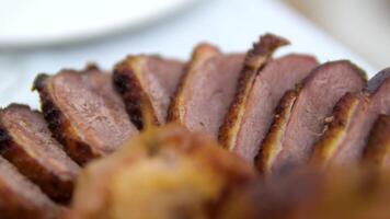 goose with apples duck Eating freshly prepared duck breast with glazed apples. video